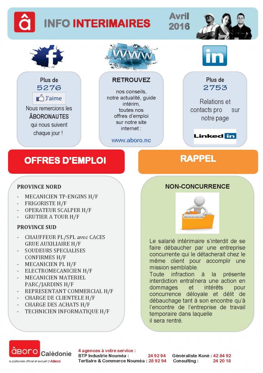 INFOS INTERIMAIRES - AVRIL 2016  Âboro Nouvelle-Calédonie